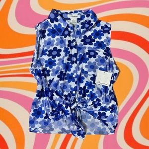 Groovy Blue Vibes Flower Power Button Up Tied Up Top